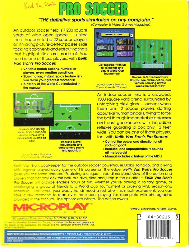 Back Cover for Keith Van Eron's Pro Soccer (DOS) (Dual Media)