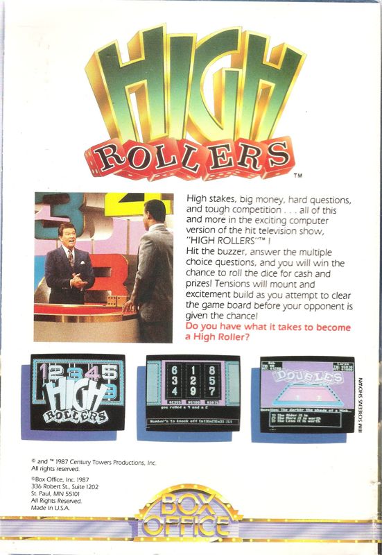 Back Cover for High Rollers (Apple II and Commodore 64 and DOS) (IBM / Apple / Commodore)