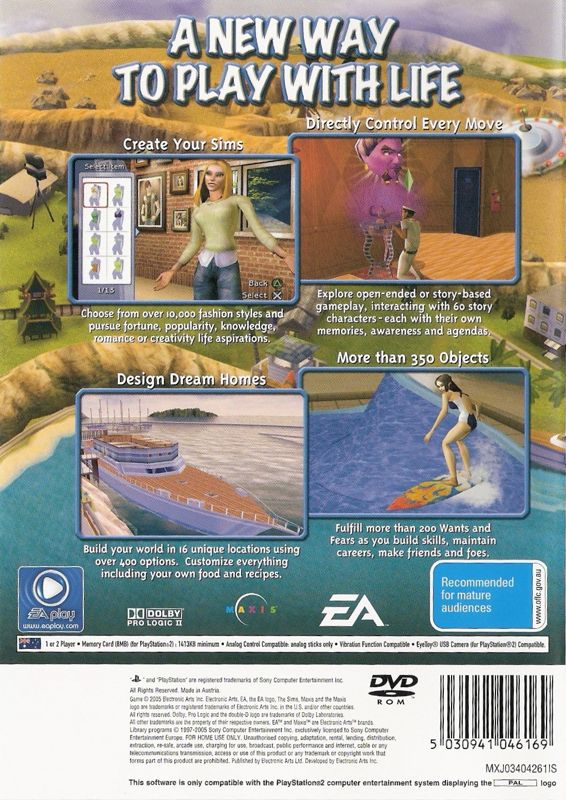 Back Cover for The Sims 2 (PlayStation 2) (Re-release)