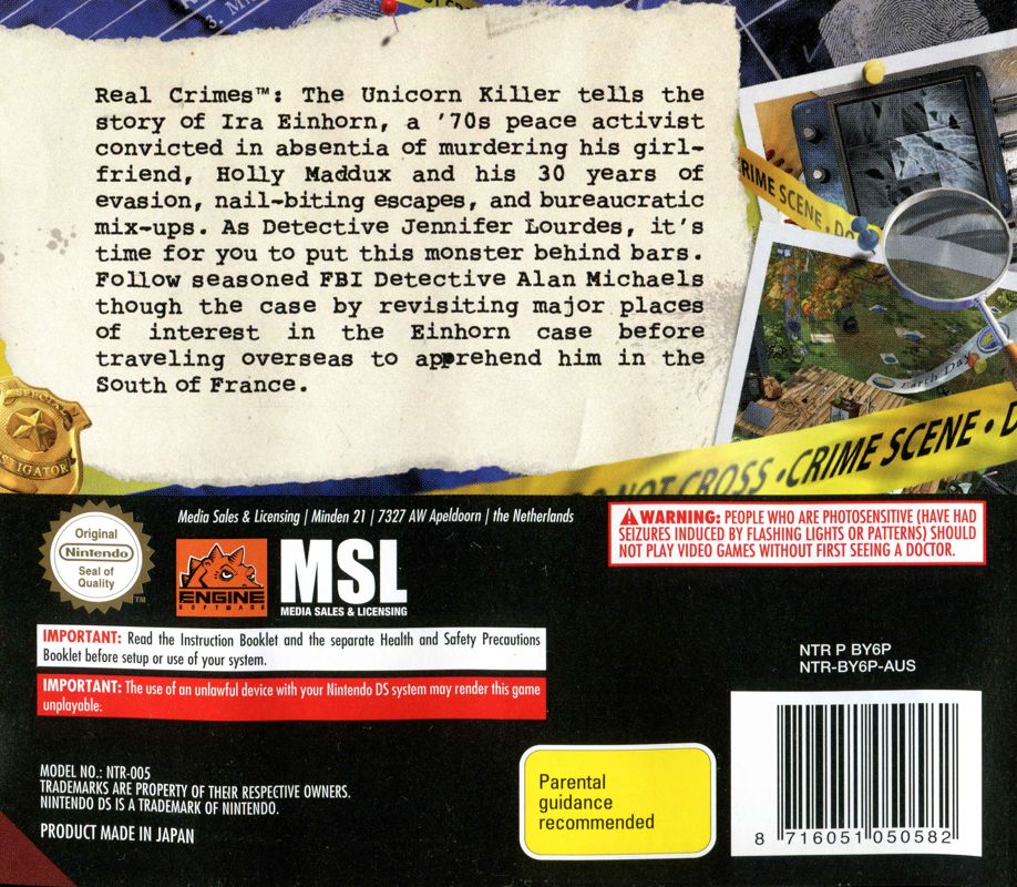 Back Cover for Real Crimes: The Unicorn Killer (Nintendo DS)