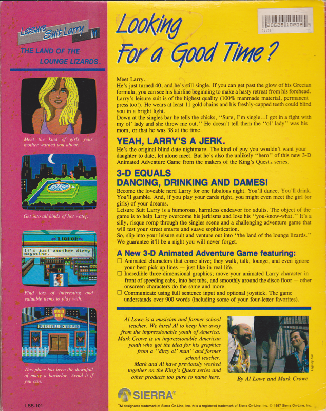 Back Cover for Leisure Suit Larry in the Land of the Lounge Lizards (Apple II)