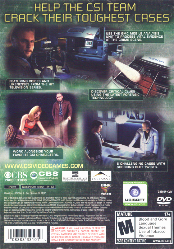 Back Cover for CSI: Crime Scene Investigation - 3 Dimensions of Murder (PlayStation 2)