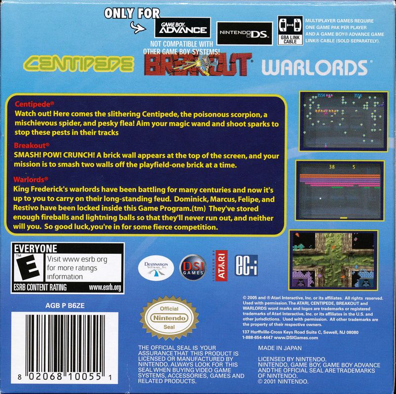 Back Cover for Centipede / Breakout / Warlords (Game Boy Advance)