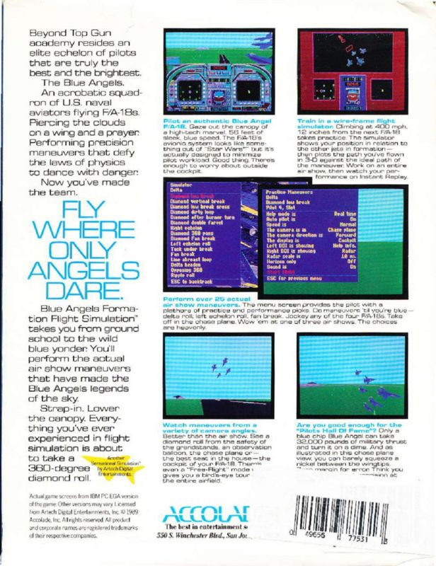 Back Cover for Blue Angels: Formation Flight Simulation (DOS) (5.25" Disk release)