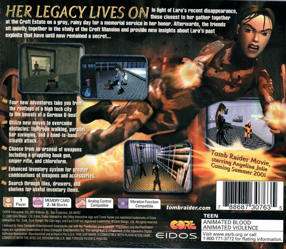 Back Cover for Tomb Raider: Chronicles (PlayStation)