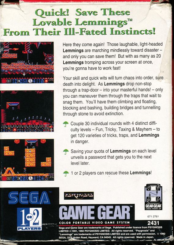 Back Cover for Lemmings (Game Gear)