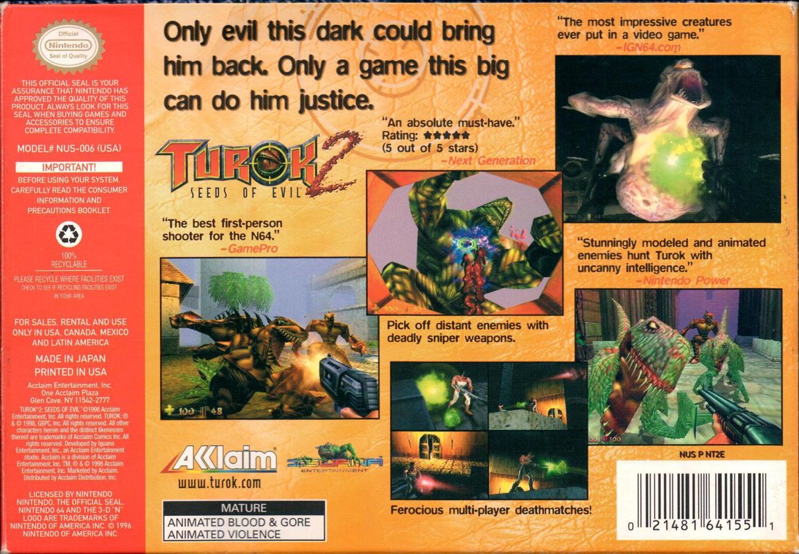 Back Cover for Turok 2: Seeds of Evil (Nintendo 64) (Players Choice Edition)