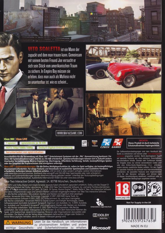 Back Cover for Mafia II (Xbox 360) (Reversible covers)