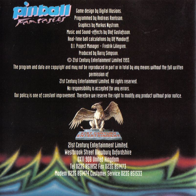 Inside Cover for Pinball Fantasies (Amiga CD32): Front