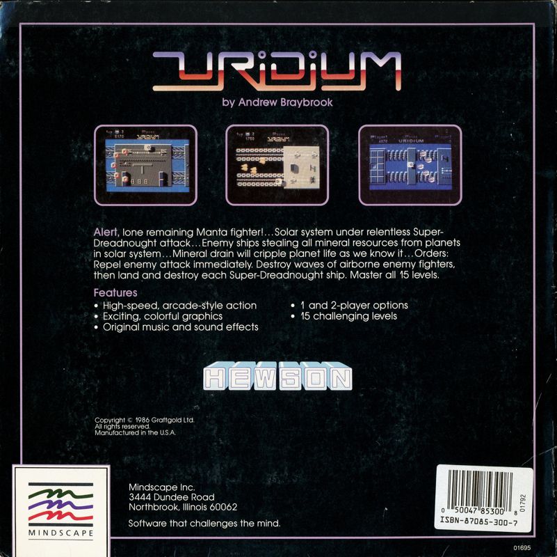 Back Cover for Uridium (Commodore 64)