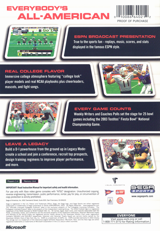 Back Cover for NCAA College Football 2K3 (Xbox)