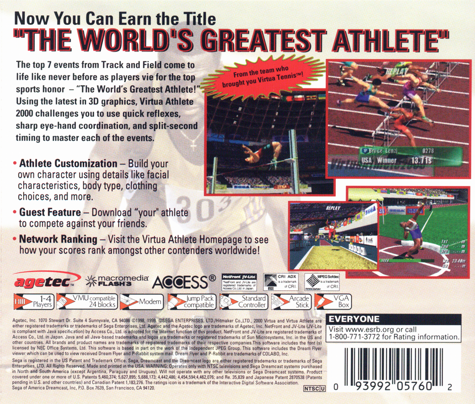 Back Cover for Virtua Athlete 2000 (Dreamcast)