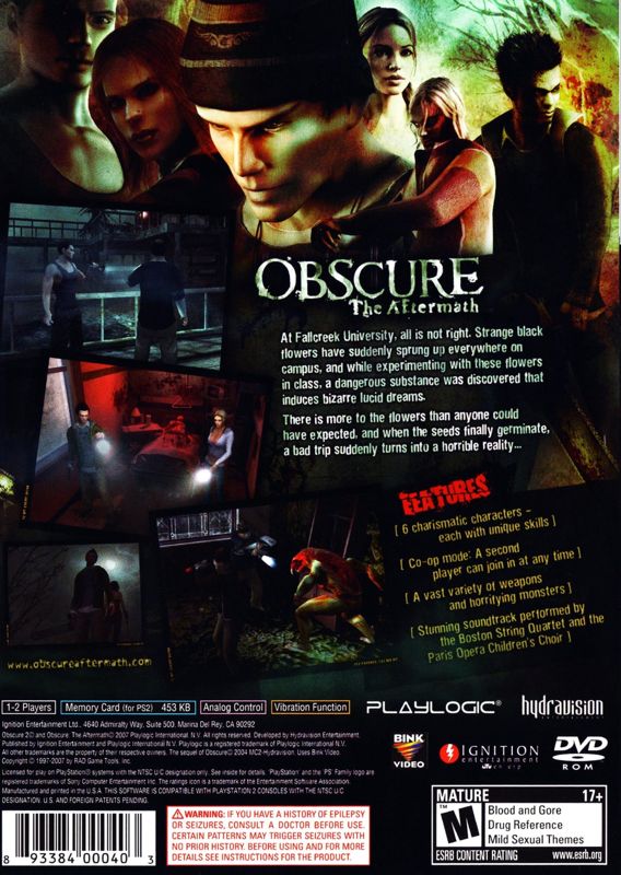 Back Cover for Obscure: The Aftermath (PlayStation 2)