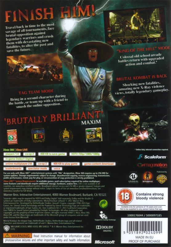 Back Cover for Mortal Kombat (Xbox 360)
