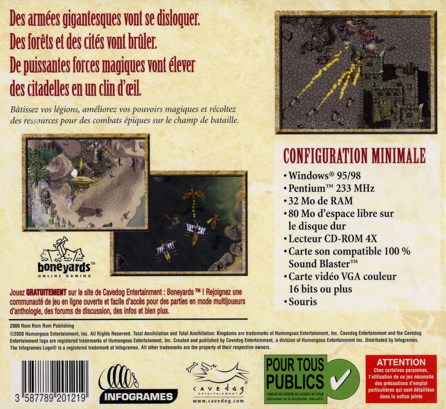 Back Cover for Total Annihilation: Kingdoms (Windows) ("Collector Edition" release (2000))