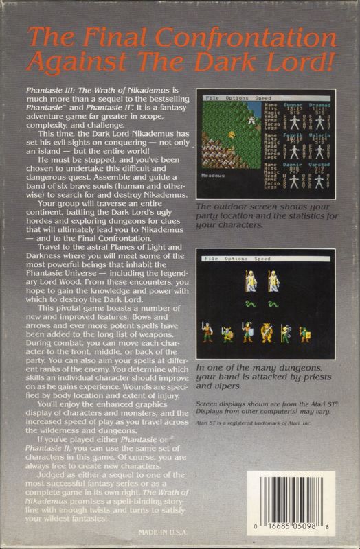 Back Cover for Phantasie III: The Wrath of Nikademus (DOS)