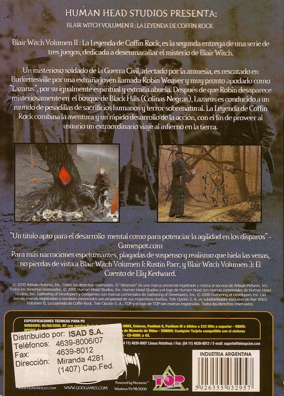 Back Cover for Blair Witch: Volume II - The Legend of Coffin Rock (Windows)