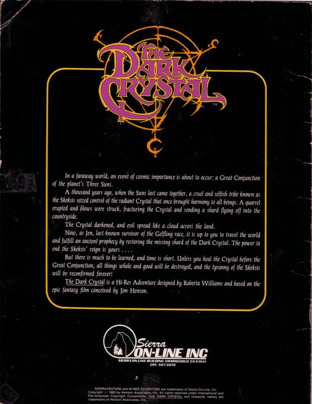 Back Cover for Hi-Res Adventure #6: The Dark Crystal (Apple II)