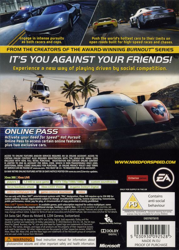 Back Cover for Need for Speed: Hot Pursuit (Xbox 360)