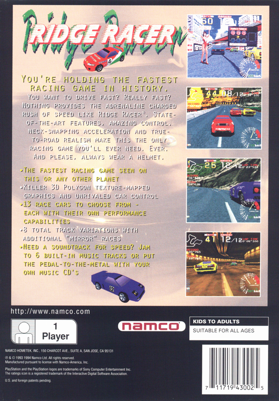 Back Cover for Ridge Racer (PlayStation)