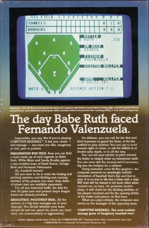 Back Cover for Computer Baseball (Commodore 64) (Small Box Version)