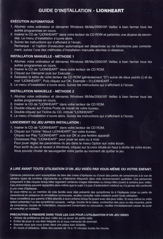 Inside Cover for Lionheart: Legacy of the Crusader (Windows) (2003 Soft Academy Classic release): Right