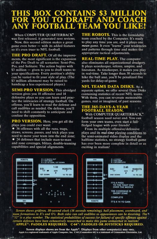 Back Cover for Computer Quarterback (Commodore 64)