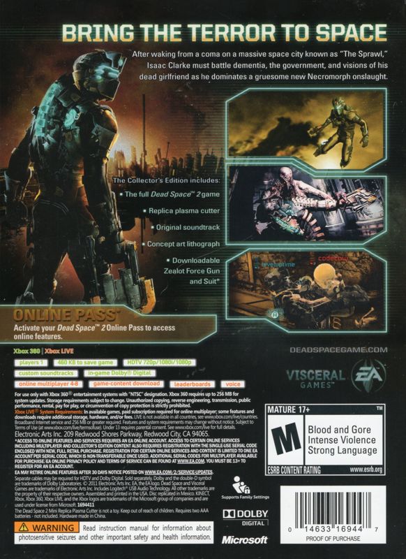 Back Cover for Dead Space 2 (Collector's Edition) (Xbox 360)