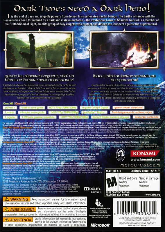 Back Cover for Castlevania: Lords of Shadow (Xbox 360)