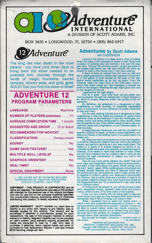 Back Cover for The Golden Voyage (Atari 8-bit) (Adventure International Styrofoam folder)