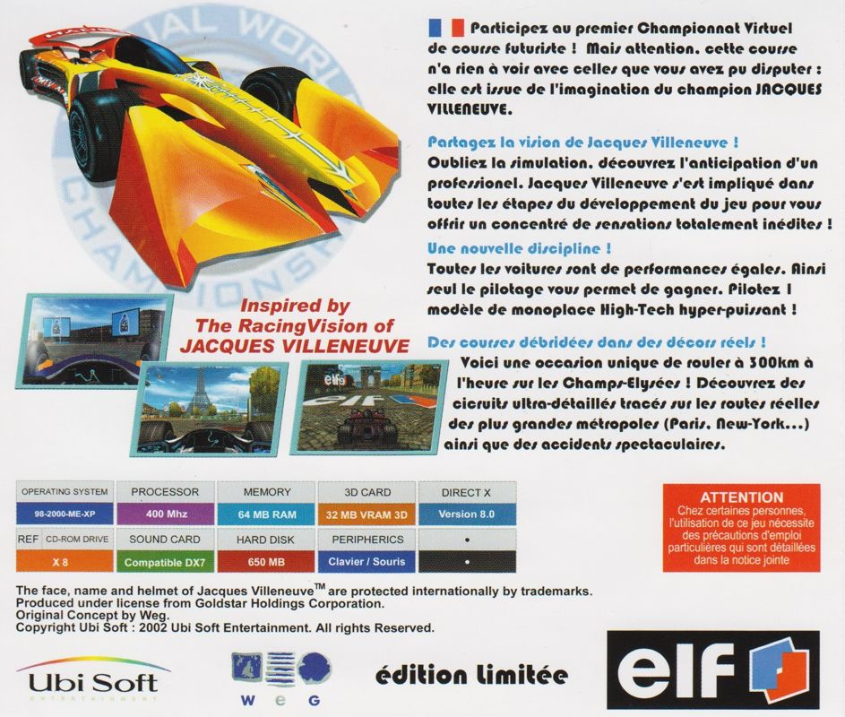 Other for Speed Challenge: Jacques Villeneuve's Racing Vision (Windows) ("Limited Edition" offered through Elf's gas stations): Jewel Case - Back Cover