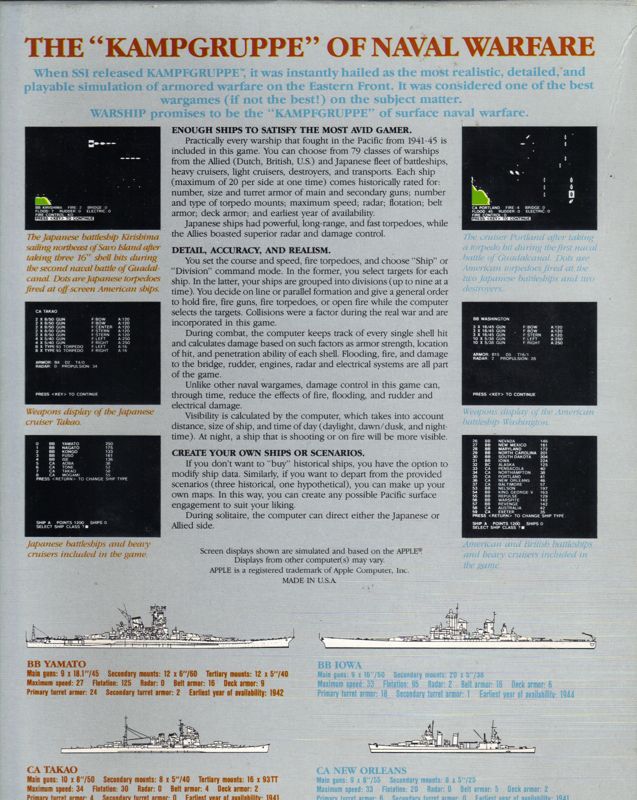 Back Cover for Warship (Apple II)