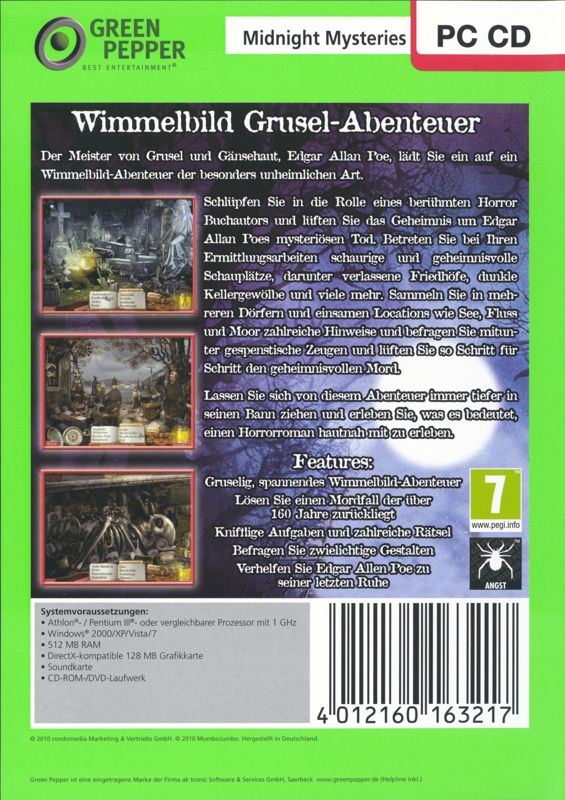 Back Cover for Midnight Mysteries: The Edgar Allan Poe Conspiracy (Windows) (Green Pepper release)