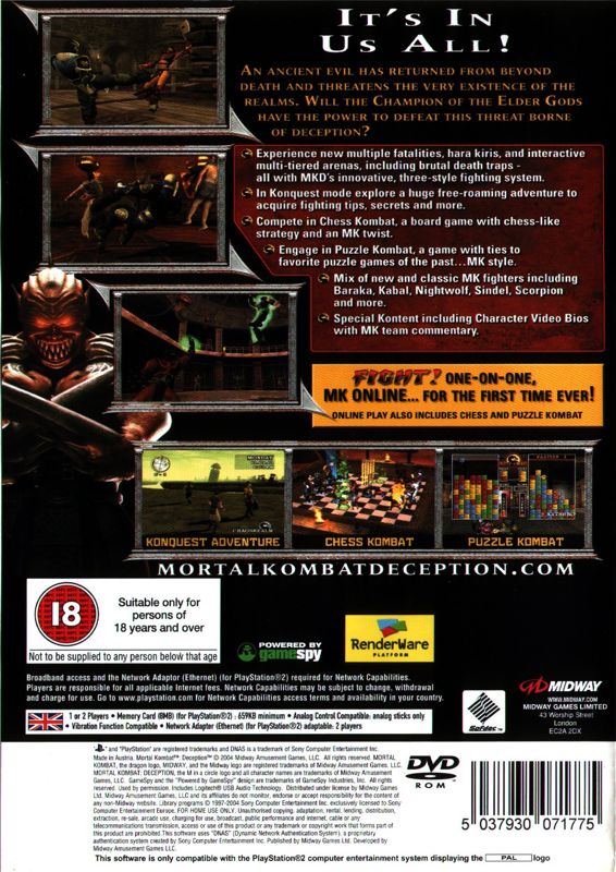 Back Cover for Mortal Kombat: Deception (PlayStation 2)