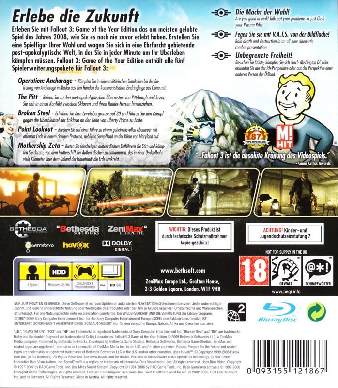 Back Cover for Fallout 3: Game of the Year Edition (PlayStation 3)
