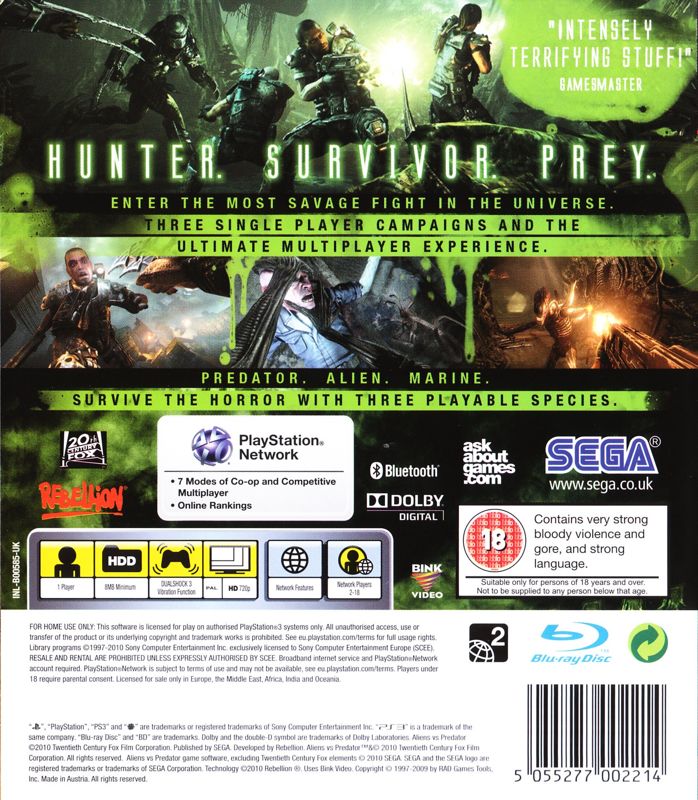 Back Cover for Aliens vs Predator (PlayStation 3)