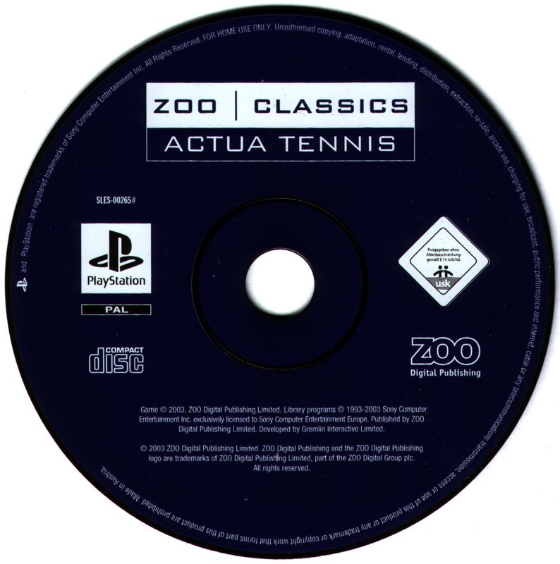 Media for Actua Tennis (PlayStation) (Zoo Classics release)
