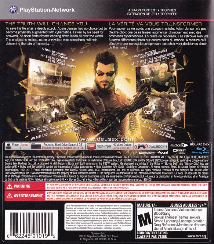 Back Cover for Deus Ex: Human Revolution (PlayStation 3)