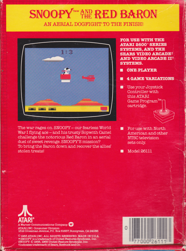 Back Cover for Snoopy and the Red Baron (Atari 2600)