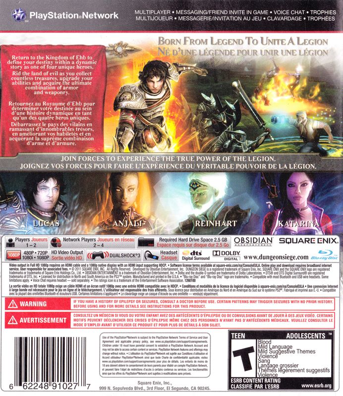 Back Cover for Dungeon Siege III (PlayStation 3)