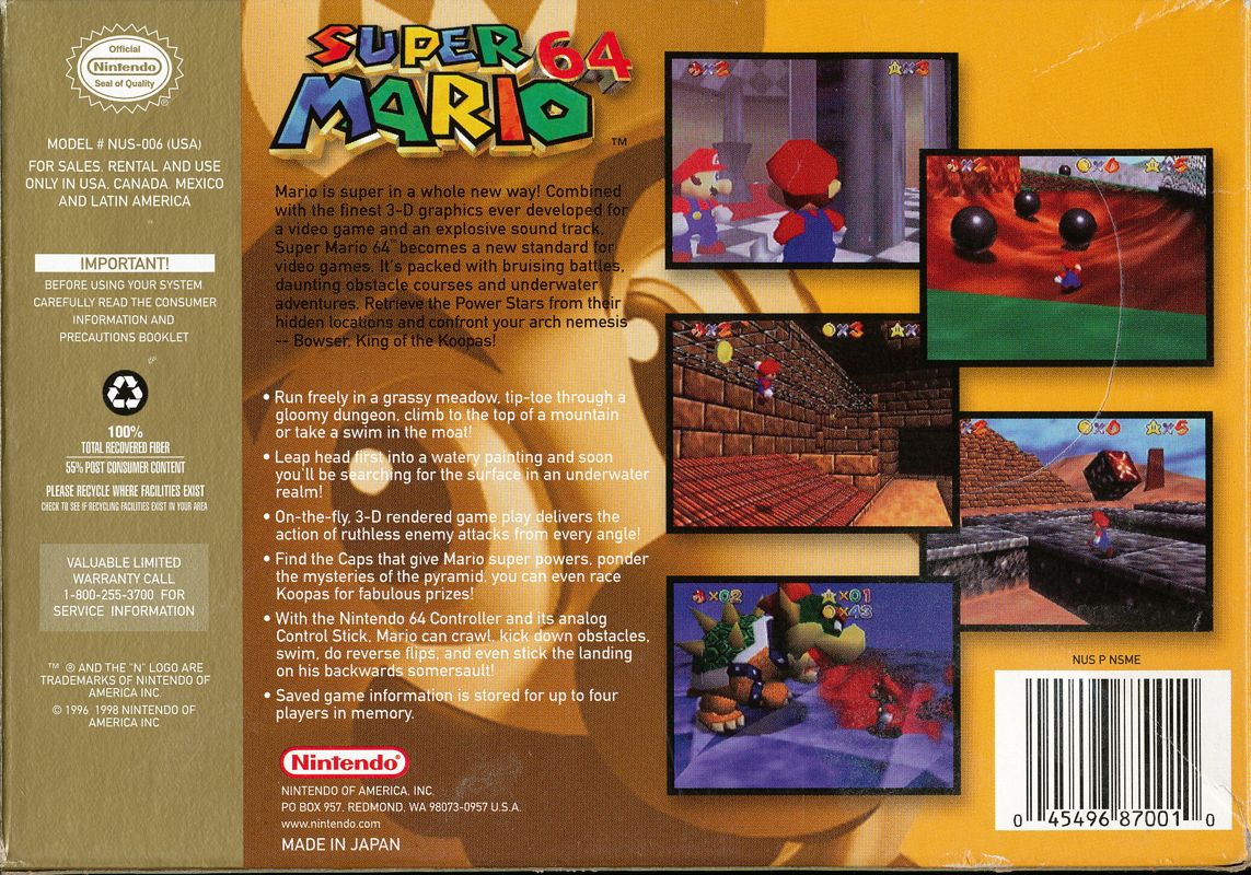 Back Cover for Super Mario 64 (Nintendo 64) (Players Choice Million Seller release)