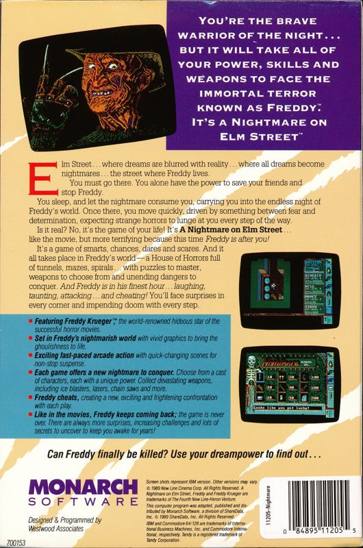 Back Cover for A Nightmare on Elm Street (Commodore 64)