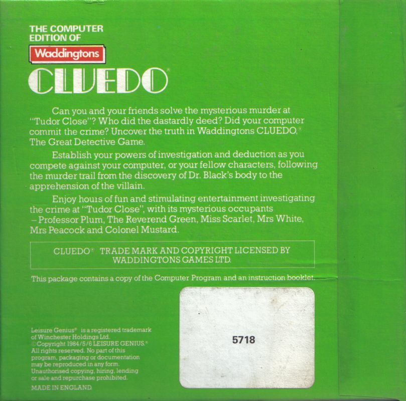 Back Cover for Cluedo (BBC Micro)
