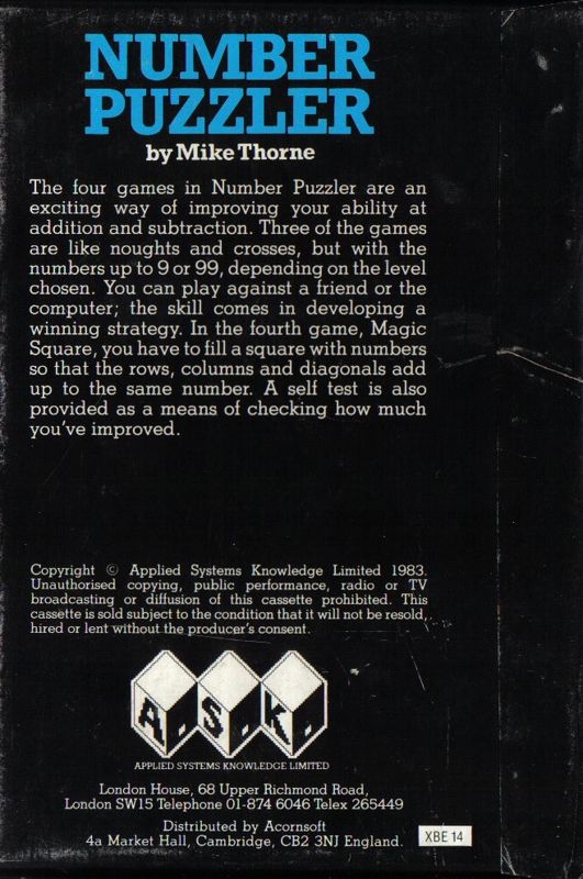 Back Cover for Number Puzzler (BBC Micro)