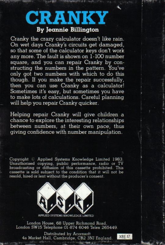 Back Cover for Cranky (BBC Micro)