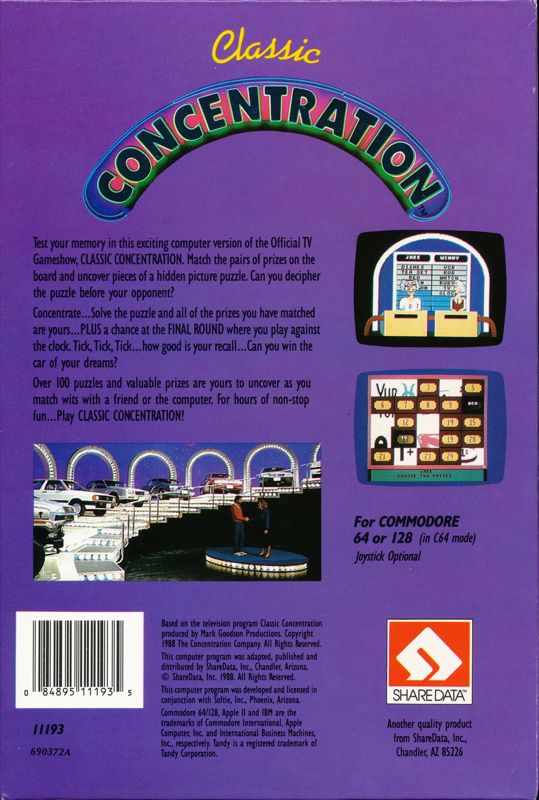 Back Cover for Classic Concentration (Commodore 64)