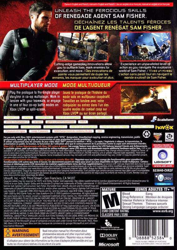 Back Cover for Tom Clancy's Splinter Cell: Conviction (Xbox 360)