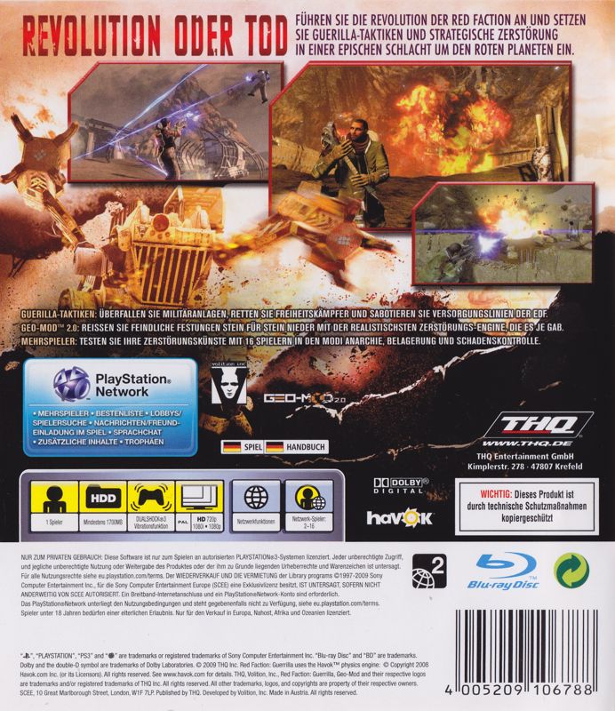 Back Cover for Red Faction: Guerrilla (PlayStation 3)