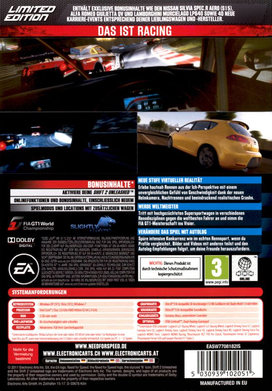 Back Cover for Shift 2: Unleashed (Limited Edition) (Windows)