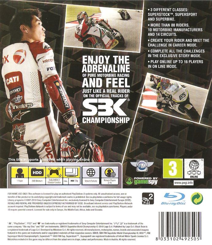 Back Cover for SBK X: Superbike World Championship (PlayStation 3)